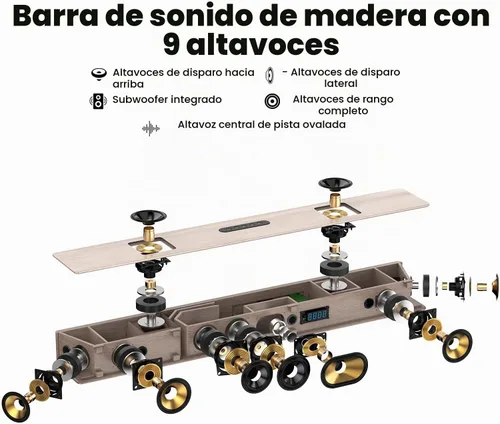 Vista 5 de Hiwill WoNoble A502 - Barra de sonido Dolby Atmos de madera de 5.2.2 canales, barra de sonido todo en uno para Smart TV con subwoofer doble