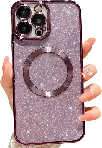 Vista 8 de Compatible con iPhone 13 Pro Max Funda magnética con purpurina, bonita funda transparente chapada de lujo, compatible con MagSafe para mujeres
