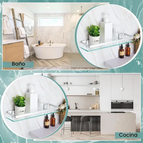 Vista 6 de Ripeng Estante de esquina de vidrio flotante de vidrio para baño, estantes de pared templados de aluminio, rectangular, a prueba de óxido