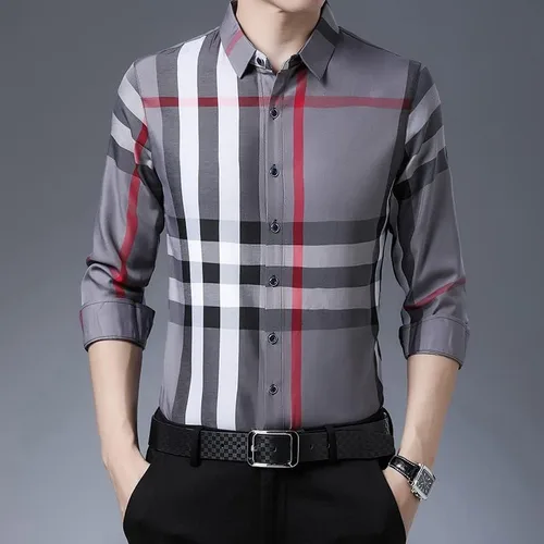 Vista 3 de Camisa de manga larga para hombre de primavera y otoño, a cuadros, casual, holgada, con solapa