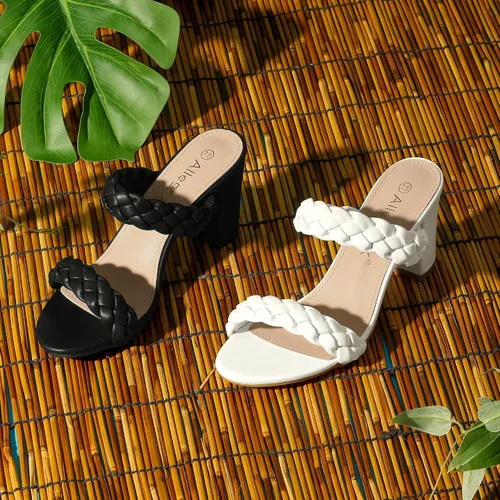 Vista 3 de Allegra K Women's Braided Heeled Slip on Chunky Heel Slide Sandals