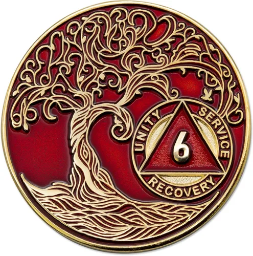 Vista 124 de 1 año Sobriety Mint Twisted Tree of Life Medallón de recuperación AA chapado en oro, chip/ficha - negro