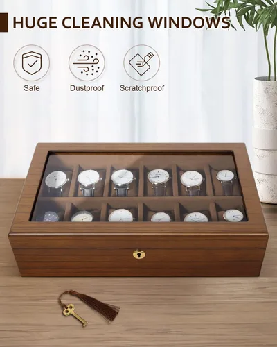 Vista 3 de Uten Caja de reloj con 12 ranuras, organizador de caja de reloj con cerradura dorada y llave, caja de almacenamiento de madera con cojines de reloj