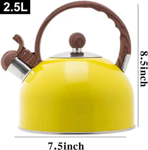 Vista 2 de Vilihkc Hervidor de té de acero inoxidable con mango anticalor de grano de madera, 2.6 cuartos de galón/2.5 litros, silbidos fuertes para té, café