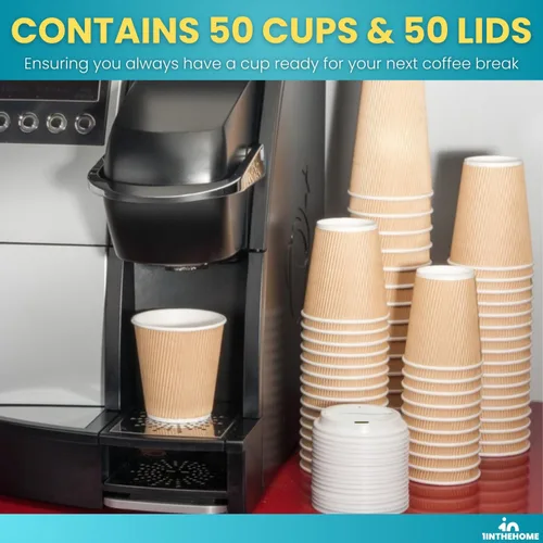 Vista 6 de Tazas de café desechables con tapas, tazas de papel de 10 onzas, pared ondulada aislada, paquete de 50