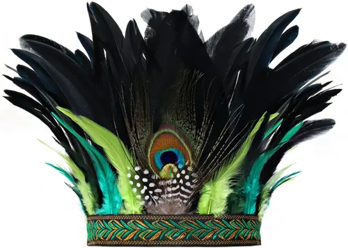 Vista 8 de DAZCOS Diadema de plumas de pavo real, corona, carnaval, tocado, tocado, 1920, Gatsby, cosplay, Navidad Negro 1