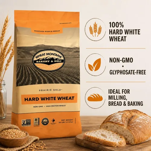 Vista 3 de Wheat Montana: Prairie Gold: bayas de trigo - Bolsa a granel de 50 libras - 100% trigo de primavera blanco duro entero, sin OMG, sin glifosato