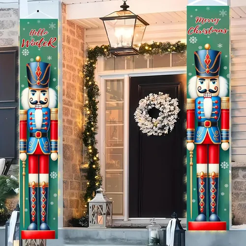 Vista 3 de BlissYard Estandartes de Porche Navideños de Cascanueces 12×71 Pulgadas Hola Invierno Feliz Navidad Decoraciones de Puerta Estandarte de Soldado