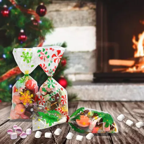 Vista 5 de KIMOBER 144 bolsas de dulces de celofán de Navidad, bolsas de golosinas de celofán con lazos giratorios para suministros de fiesta de Navidad