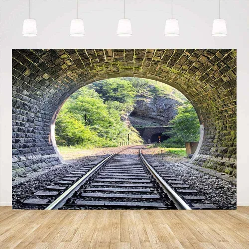 Vista 8 de Telón de fondo de pista de tren de 5 x 3 pies, túnel de montaña, ladrillo vintage, Sunmmer, paisaje, árboles verdes, sol, adulto, hombre, niño