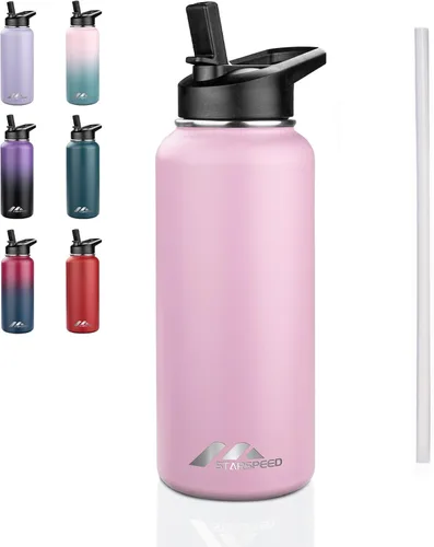 Vista 30 de StarSpeed Botella de agua aislada de 32 onzas con tapa con pajilla, botella de agua al vacío de doble pared de acero inoxidable, botella de agua