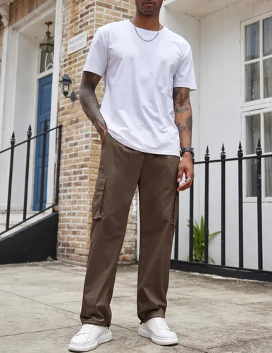 Vista 7 de COOFANDY Pantalones cargo casuales para hombre, pantalones deportivos de algodón con cordón