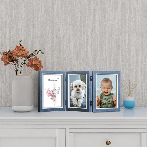 Vista 3 de Trifold Picture Frame 5x7 Blue Photo Collage Frame Hinged Triple Foldable Frame Blue for Tabletop Desk Display Gift for Mother, Friend