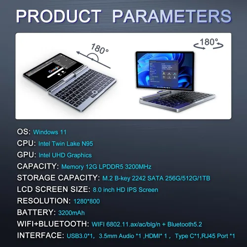 Vista 5 de Mini portátil de 8 pulgadas 2 en 1, computadora portátil Win 11, Intel N150 (hasta 3.6 GHz), 12 GB de RAM 1 TB SSD, pantalla táctil HD, teclado
