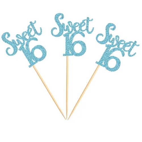 Vista 3 de Ercadio Paquete de 24 adornos azules para cupcakes de 16 cumpleaños, decoración para 16 cumpleaños, aniversario, suministros de fiesta