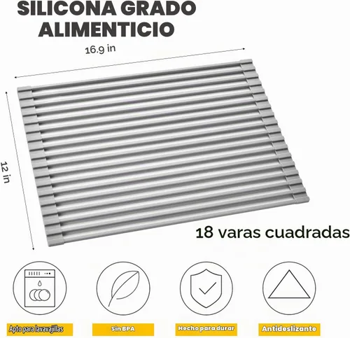 Vista 5 de Escurridor de platos enrollable multiusos de acero inoxidable recubierto de silicona sobre el fregadero, 17.2"X12.2", resistente al calor