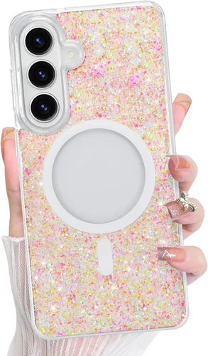 Vista 238 de Bonoma - Funda compatible con Samsung Galaxy S21 Plus, diseño de corazón con purpurina, color rosa Support for MagSafe, Plating Magnetic Case TPU