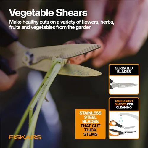 Vista 6 de Fiskars Juego de herramientas de jardín de verduras con tijeras de verduras, sembrador de semillas, paleta, cultivador, desbrozadora y guantes