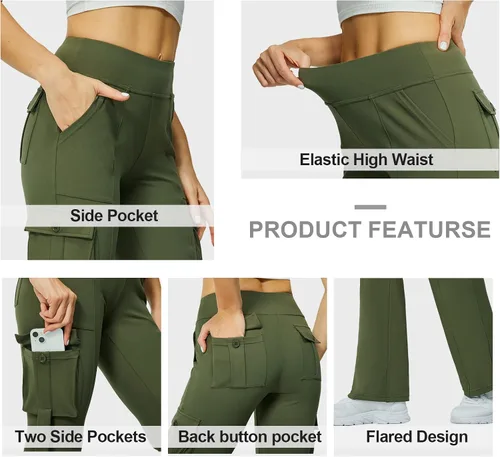 Vista 4 de Leggings acampanados de yoga para mujer, cintura alta, pantalones casuales de yoga, leggings de entrenamiento, con 6 bolsillos, pantalones de yoga