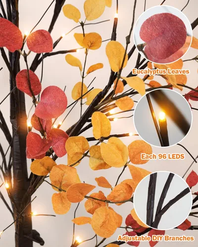 Vista 2 de Árbol de eucalipto de otoño iluminado, árbol de otoño sintético de 7 pies con 128 luces LED, árbol de eucalipto artificial iluminado para otoño