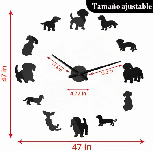 Vista 2 de Gran 3D DIY Dachshund Reloj de pared sin marco con efecto espejo (negro)