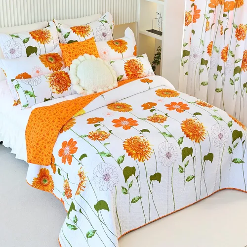 Vista 3 de EVENHUG Juego de Colcha de Algodón 100% Tamaño Twin Naranja Girasol Juego de Ropa de Cama Floral Colcha Ligera Reversible Cubrecama con 1 Funda