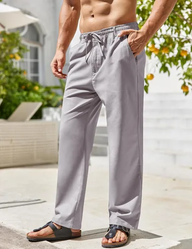 Vista 3 de COOFANDY Men's Linen Pants Casual Beach Summer Pant Elastic Waist Drawstring Lightweight Trousers