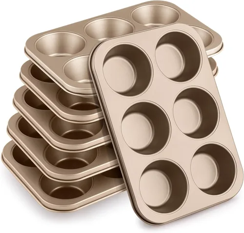 Vista 8 de Blushtier Paquete de 6 moldes antiadherentes para hornear magdalenas, moldes para magdalenas, lata de acero al carbono dorado para hornear