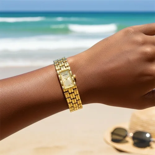 Vista 4 de Relojes de oro para mujer pequeño reloj de pulsera delicado para mujer con esfera rectangular delgada, correa de acero inoxidable, pulsera analógica