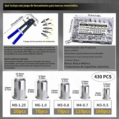 Vista 2 de Kit de herramientas de tuerca de remache a presión, 430 piezas de combinación de tuercas de remache métricas (M8/M6/M5/M4/M3), adecuado