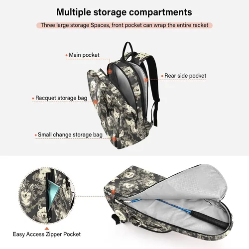Vista 5 de Mochila de tenis de bádminton resistente al agua de dibujos animados lindo lobo negro tenis bádminton raqueta bolsa para mujeres hombres bolsa