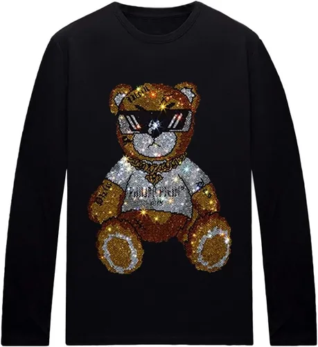 Vista 8 de HZCX FASHION Camisetas gráficas de manga larga para hombre y mujer, camisetas divertidas con diamantes de imitación