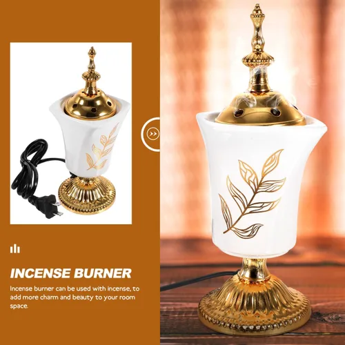Vista 7 de Holibanna Quemador de incienso eléctrico, estilo de Oriente Medio, incensario de escritorio para yoga, spa, aromaterapia, decoración del hogar