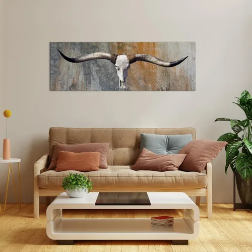 Vista 3 de Biuteawal Lienzo vintage de cráneo de toro, arte de pared con cabeza de cuerno largo, cráneo, pintura de bisonte, vaca, vida silvestre, obra de arte