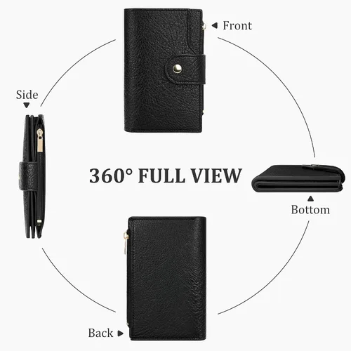Vista 7 de Airkit Billetera pequeña plegable para mujer, con bloqueo RFID, tarjetero con cremallera, cartera de viaje con bolsillo para monedas, color negro