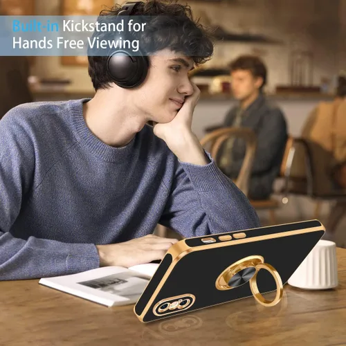 Vista 4 de Fingic Funda para iPhone X, iPhone Xs con soporte de anillo, soporte magnético giratorio de 360°, chapado en oro, borde dorado, delgada, suave, TPU