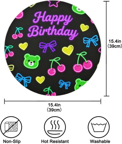 Vista 4 de Manteles individuales redondos de color negro a granel con oso de feliz cumpleaños para niños de 15 x 15 pulgadas individuales para mesa de comedor