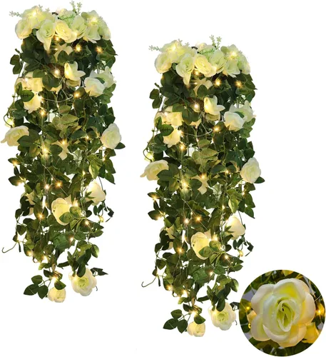 Vista 30 de RECUTMS - Guirnalda de flores artificiales colgantes de rosas negras, 2 guirnaldas florales falsas de 3.3 pies con 30 luces LED para pared