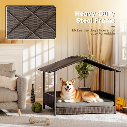 Vista 4 de Greesum Casa de mimbre para perros pequeños/medianos, cama elevada para perros al aire libre e interior con cojín, para terraza, patio, piscina