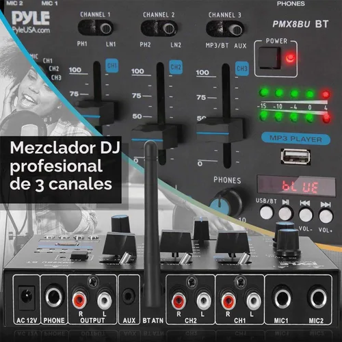 Vista 3 de Mezclador de audio inalámbrico Pyle DJ - Controlador DJ compatible con Bluetooth de 3 canales, mezclador de sonido, micrófono con función