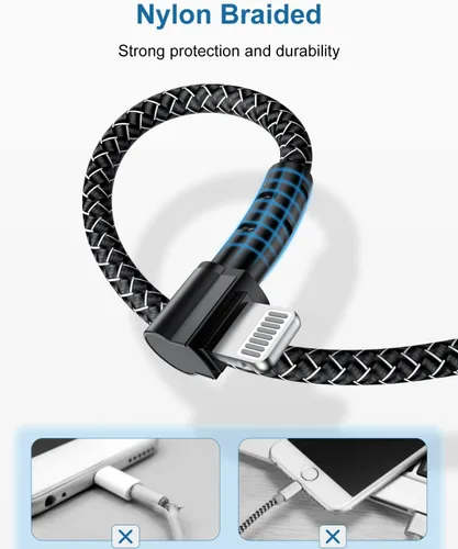Vista 4 de Paquete de 3 cargadores de iPhone de 90 grados de 6 pies, cable de carga de nailon en ángulo recto de 6 pies para Apple iPhone, certificado MFi