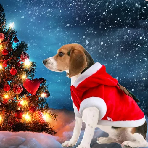 Vista 7 de Disfraces de Navidad para perros, abrigo de suéter para mascotas para clima frío, disfraz de reno de Papá Noel, sudadera con capucha de invierno