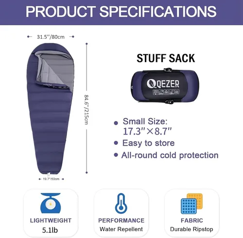 Vista 2 de Down Sleeping Bag for Adults, 0 Degree Warm Winter Mummy Lightweight Compact Outdoor Sleeping Bag for Camping Backpacking Hiking, Cold and Warm