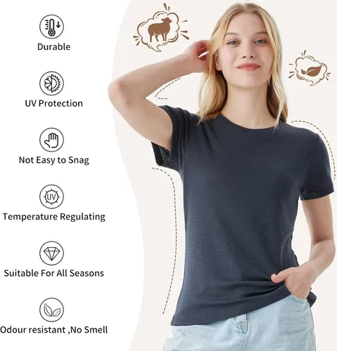 Vista 2 de Merino Protect Camisetas 100% de lana merino para mujer, cuello redondo, manga corta, resistencia al olor, capa base, viajes, senderismo, camiseta