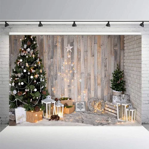Vista 4 de MEHOFOND Árbol de Navidad de invierno de 8 x 6 pies, fondos de pared de madera marrón rústica, estrellas, regalos, corona, fotografía, fondo, feliz