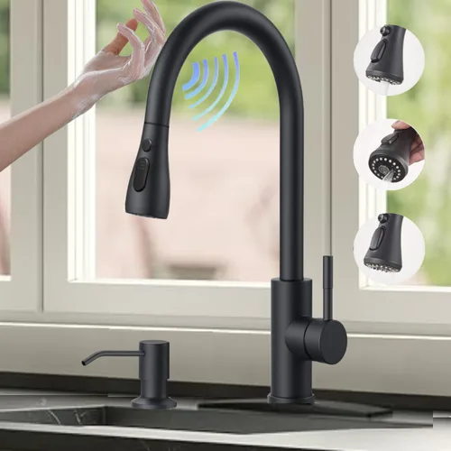 Vista 11 de Grifo de cocina táctil, rociador desplegable de 3 modos, sensor táctil activado, control de temperatura LED, rotación de 360 grados, placa de Negro