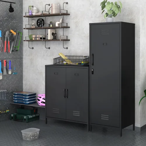 Vista 7 de Armario de almacenamiento de metal con puertas y estante, gabinetes de almacenamiento para oficina, aparador para oficina, sala de estar, comedor
