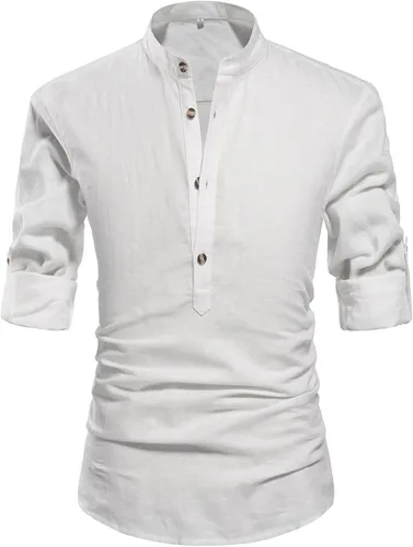 NITAGUT Camisas de lino de manga larga con cuello Henley para hombre