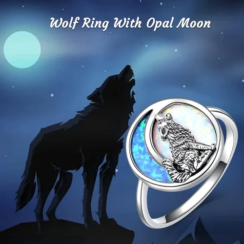 Vista 2 de POPKIMI Anillos de lobo de plata de ley de ópalo para mujer, joyería de lobo de ópalo, luna, lobo, regalos de lobo aullador, joyería para amantes