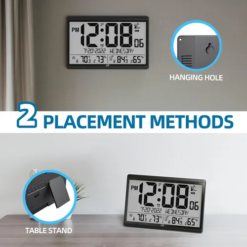 Vista 7 de Reloj de pared atómico LFF/Nunca necesita configuración, funciona con pilas, reloj de pared atómico con temperatura y humedad interior/exterior Negro